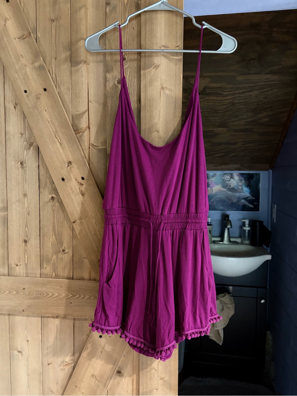 Lucy Love Magenta Pom-Pom Trim Spaghetti-Strap Romper